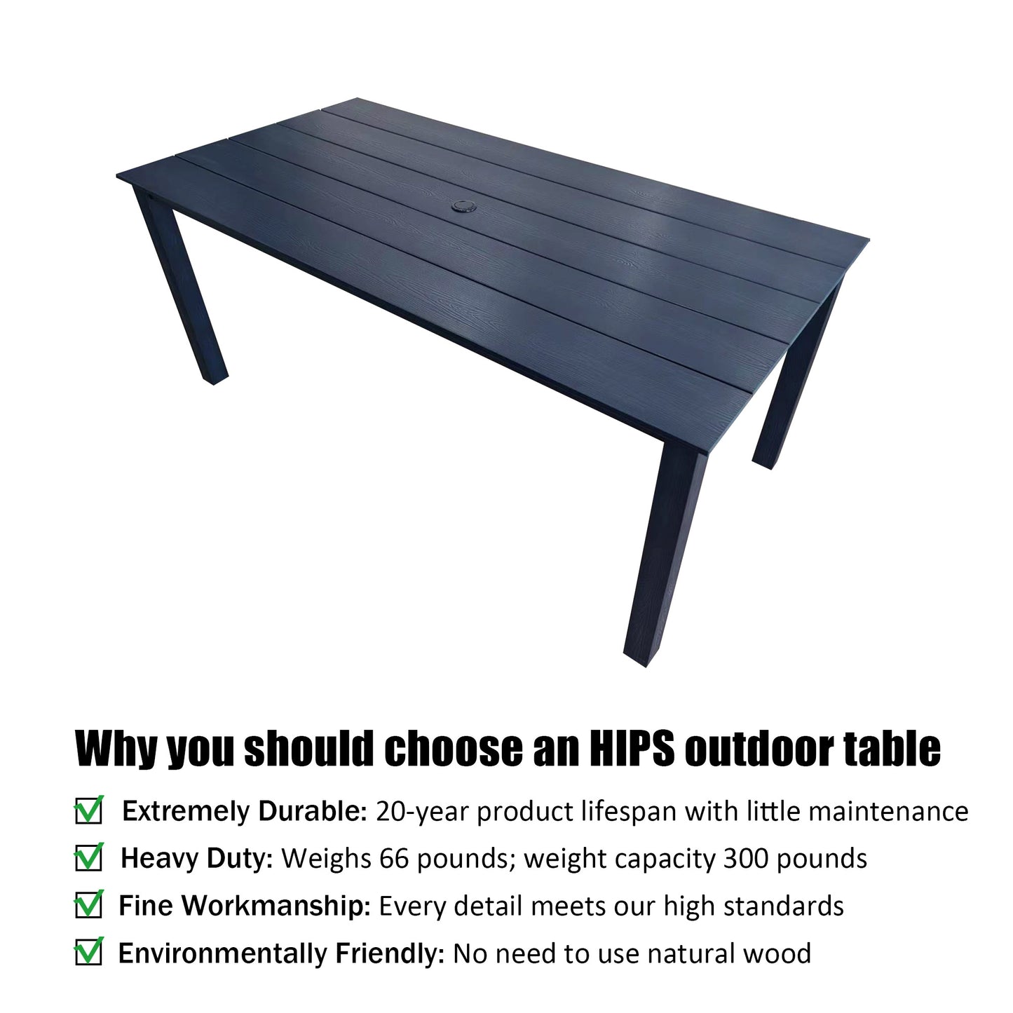 Fortune Candy 70.9 in. Poly Lumber Outdoor Plastic Dining Table, HIPS Patio Dining Table with Umbrella Hole, 1 Piece, Navy Blue