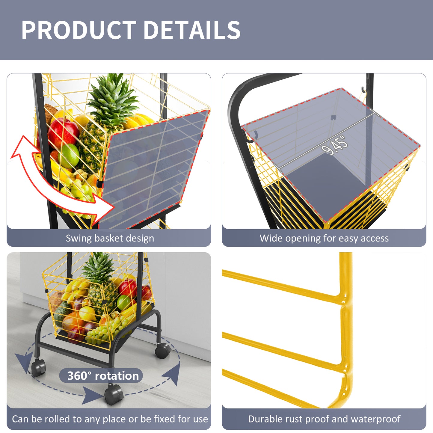 Fortune Candy 3-Tier Metal Rolling Storage Basket Cart, Black Gold Utility Organizer with Wheels for Books, Toys, Food, Vegetables, and More