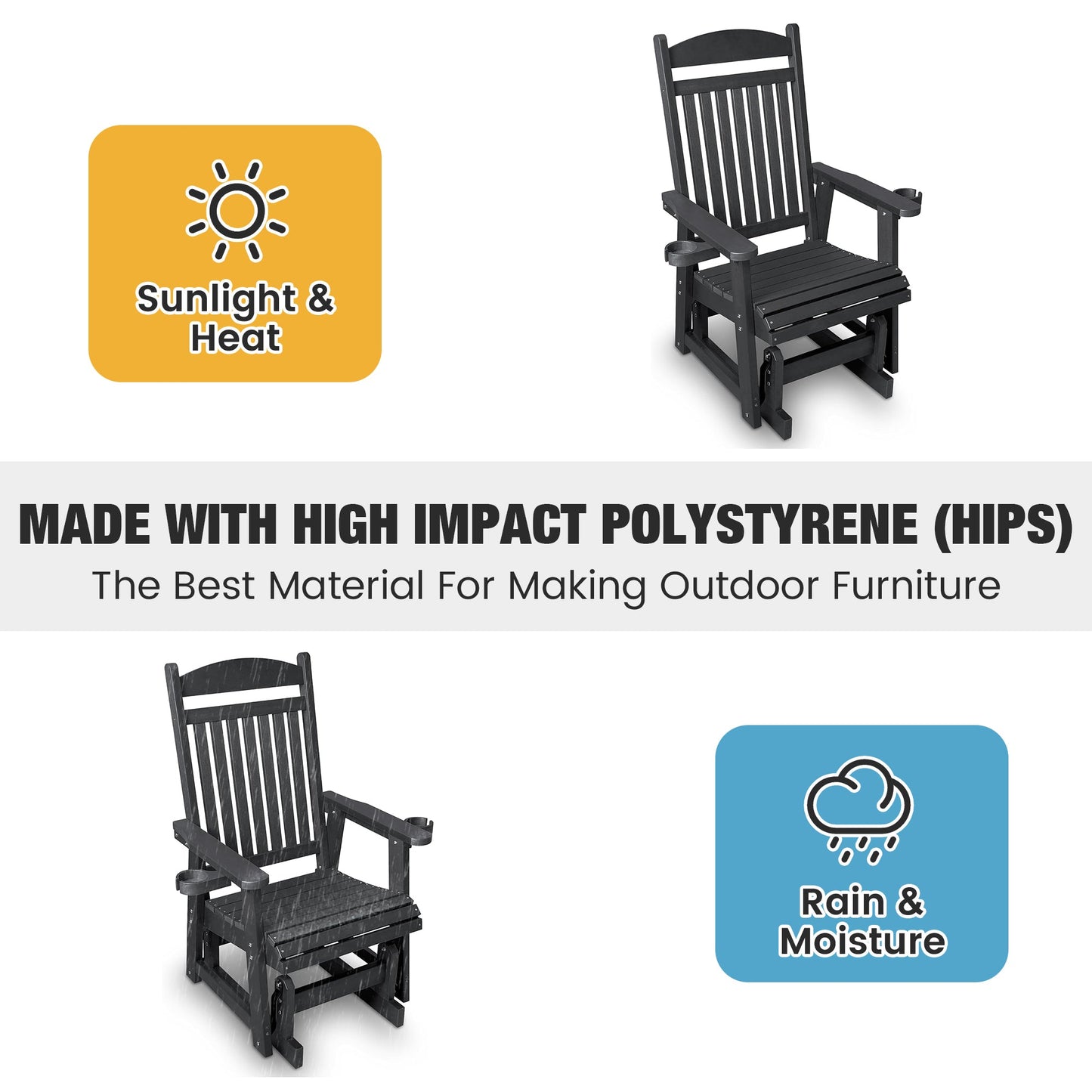 Poly Lumber Patio Glider for One Person, with Cup Holders, High Backrest and Deep Contoured Seat, HIPS Material, All-Weather Resistant, Heavy Duty 700 LBS (Matte Black)