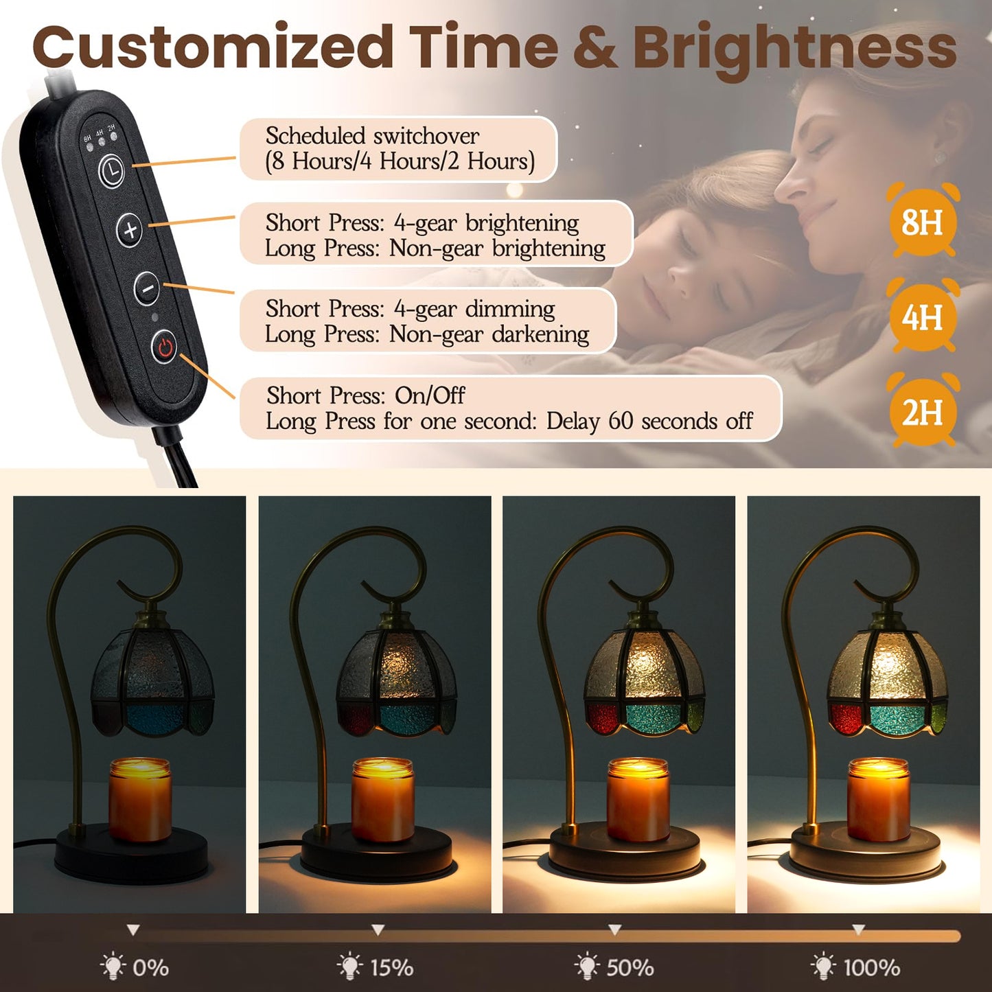 Fortune Candy Flameless Fragrant Candle Melter, Adjustment Knob, Dimmer & Timer, Wooden Base (Vintage-flower Fluted Shade)