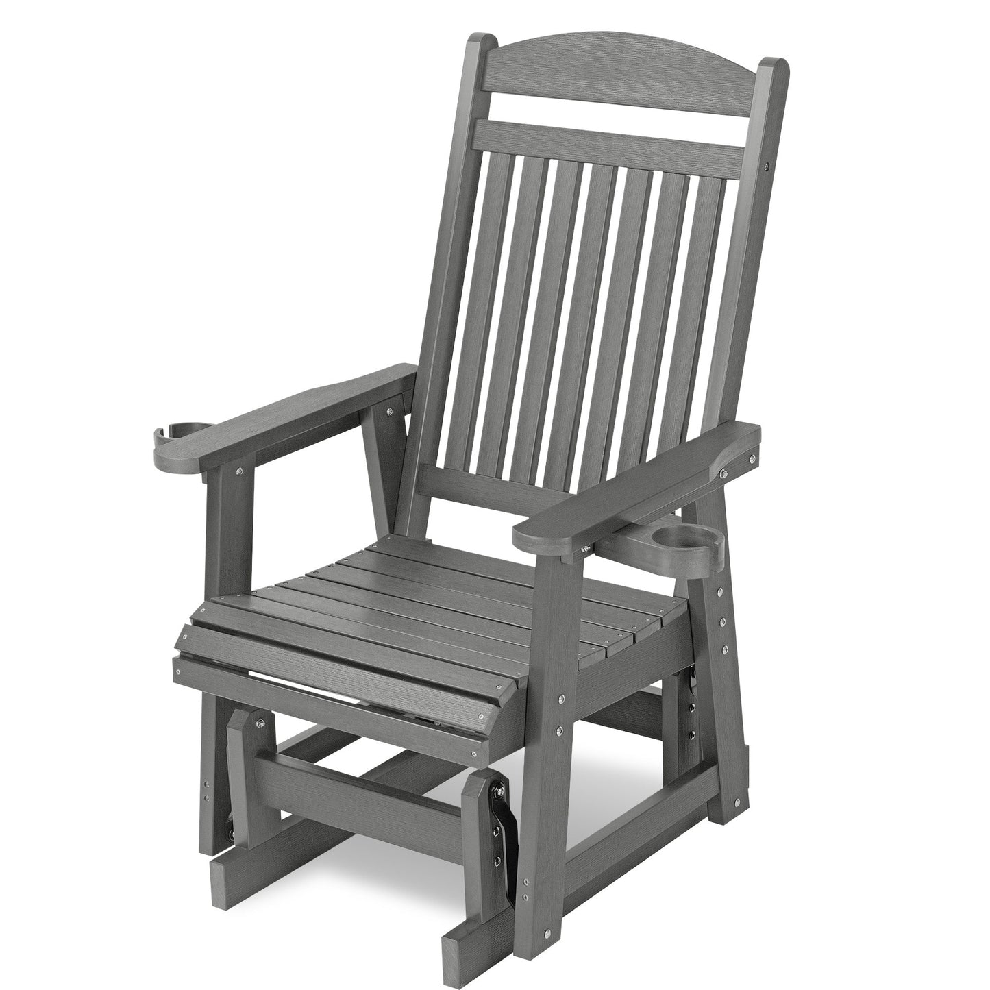 Poly Lumber Patio Glider for One Person, with Cup Holders, High Backrest and Deep Contoured Seat, HIPS Material, All-Weather Resistant, Heavy Duty 700 LBS  (Gray)