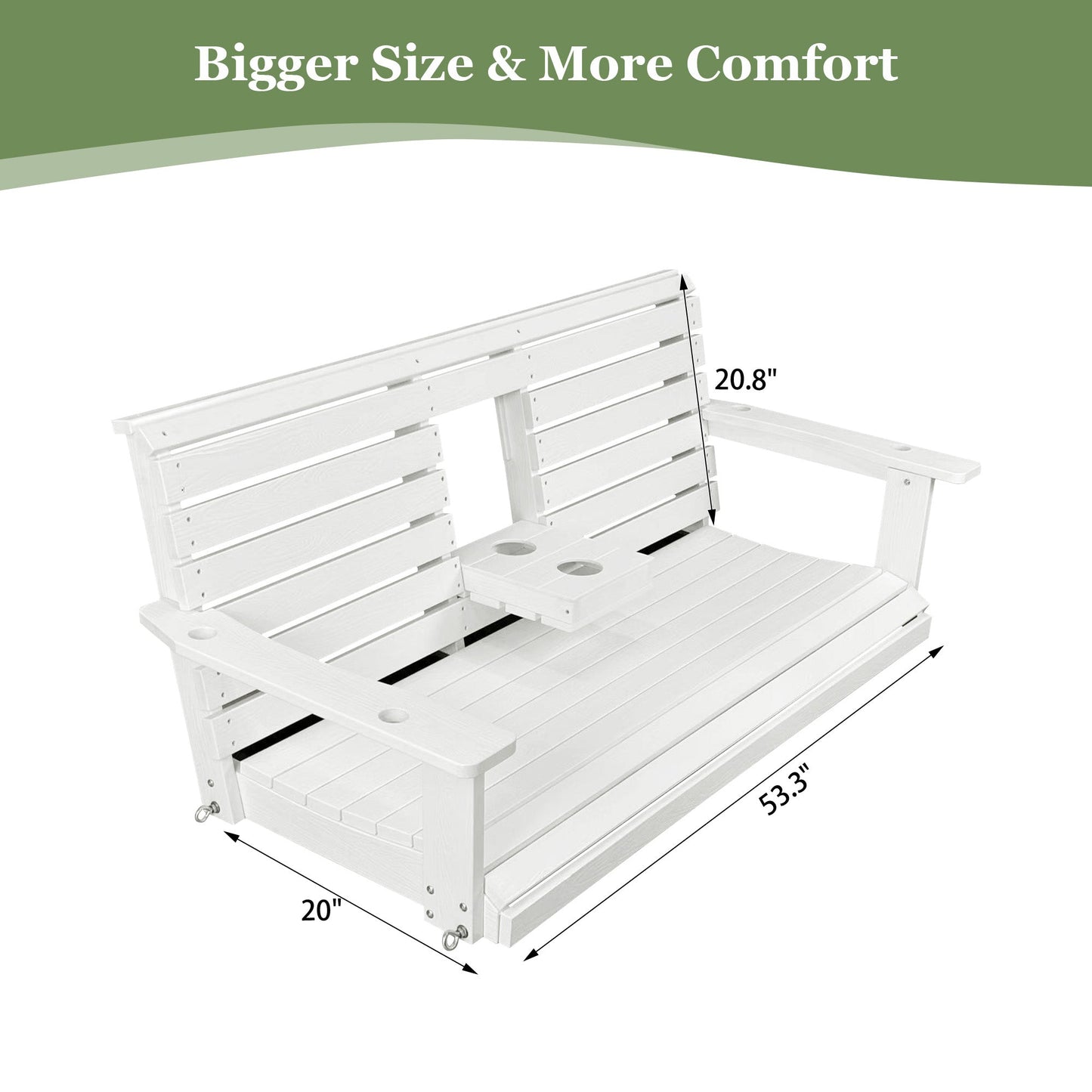 Poly Lumber 3-Seat Porch Swing, HIPS 5-Feet Bench Swing with Foldable Cup Holders,18/8 Stainless Steel Hardware, High Backrest and Deep Contoured Seat, Snow White