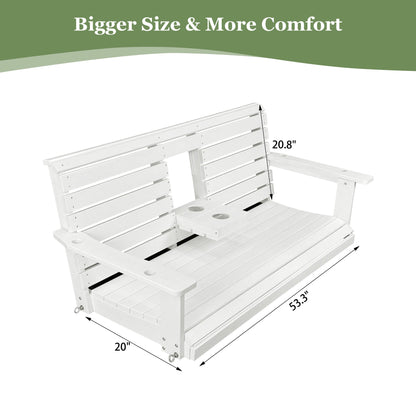 Poly Lumber 3-Seat Porch Swing, HIPS 5-Feet Bench Swing with Foldable Cup Holders,18/8 Stainless Steel Hardware, High Backrest and Deep Contoured Seat, Snow White