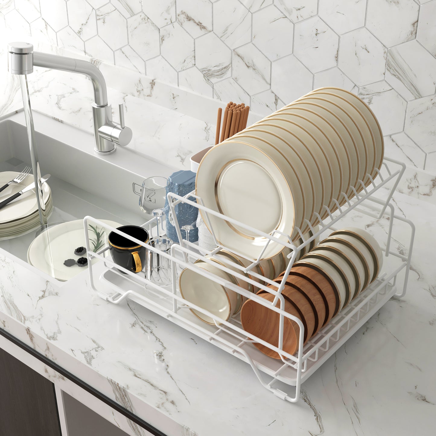 Fortune Candy 7'' Tall Multifunctional 2-Tier Dish Drying Rack For Kitchen(White)