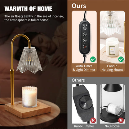 Fortune Candy Flameless Fragrant Candle Melter, Adjustment Knob, Dimmer & Timer, Wooden Base (Vintage-inspired Fluted Shade)