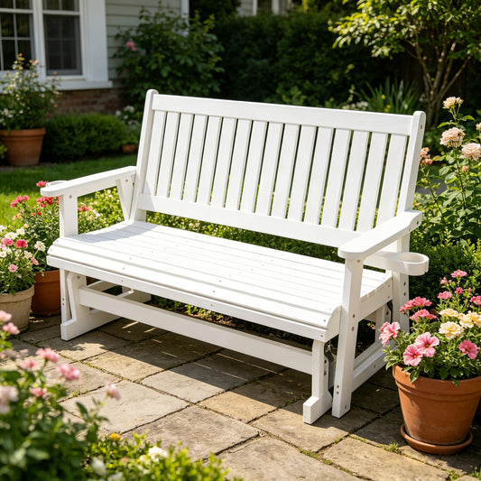 HIPS Patio Glider with Cup Holders, Durable Poly Lumber Material, All-Weather Resistant, High Backrest and Deep Contoured Seat, Heavy Duty 900 LB, for Outdoor, Porch, Patio (Ivory White, 3-Seat)