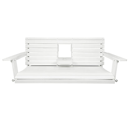 Poly Lumber 3-Seat Porch Swing, HIPS 5-Feet Bench Swing with Foldable Cup Holders,18/8 Stainless Steel Hardware, High Backrest and Deep Contoured Seat, Snow White
