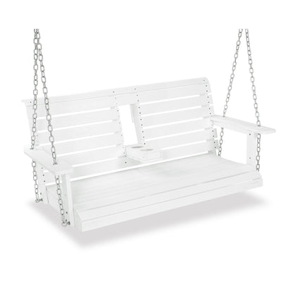 Poly Lumber 2-Seat Porch Swing, HIPS 4.5-Feet Bench Swing with Foldable Cup Holders,18/8 Stainless Steel Hardware, High Backrest and Deep Contoured Seat (Snow White, 4.5-feet)