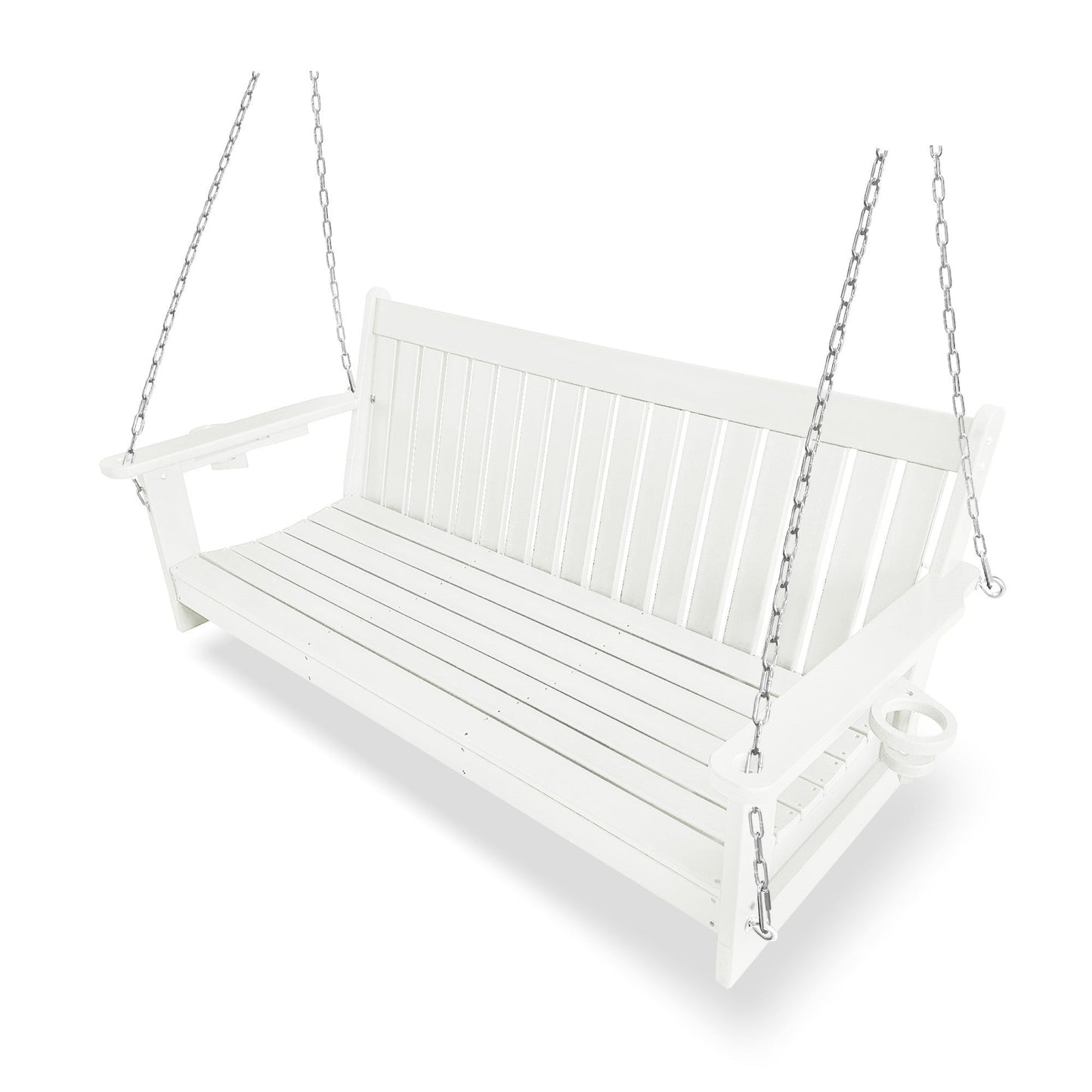 HDPE 3-Seater Porch Swing, 5-Feet Bench Swing with Foldable Cup Holders,18/8 Stainless Steel Hardware, High Backrest and Deep Contoured Seat (White, 5-feet)