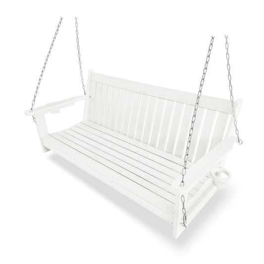 HDPE 3-Seater Porch Swing, 5-Feet Bench Swing with Foldable Cup Holders,18/8 Stainless Steel Hardware, High Backrest and Deep Contoured Seat (White, 5-feet)
