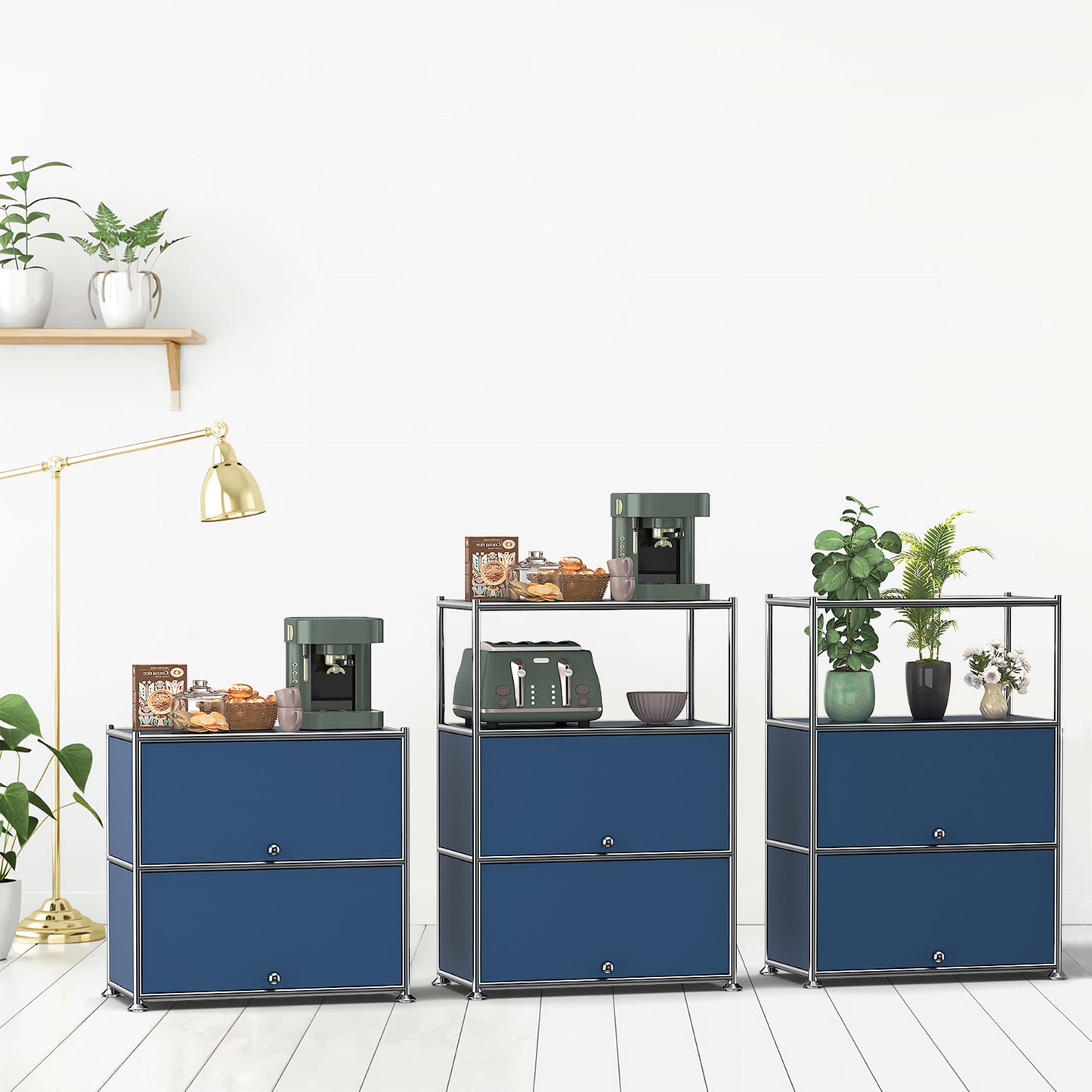 Fortune Candy 3 Tier Modular Metal Storage Cabinet, Modern Grid-Style Organizer for Dining Room, Living Room or Office, Blue