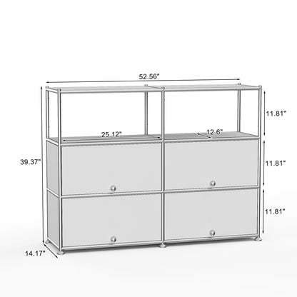 Fortune Candy 4-Door Modular Metal Sideboard with Open Shelf, Modern Twin-Row Grid Cabinet for Dining or Living Room, Office, White