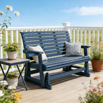 HIPS Patio Glider with Cup Holders, Durable Poly Lumber Material, All-Weather Resistant, High Backrest and Deep Contoured Seat, Ladder Back, Heavy Duty 900 LB, for Outdoor, Patio (Navy Blue, 3-Seat)