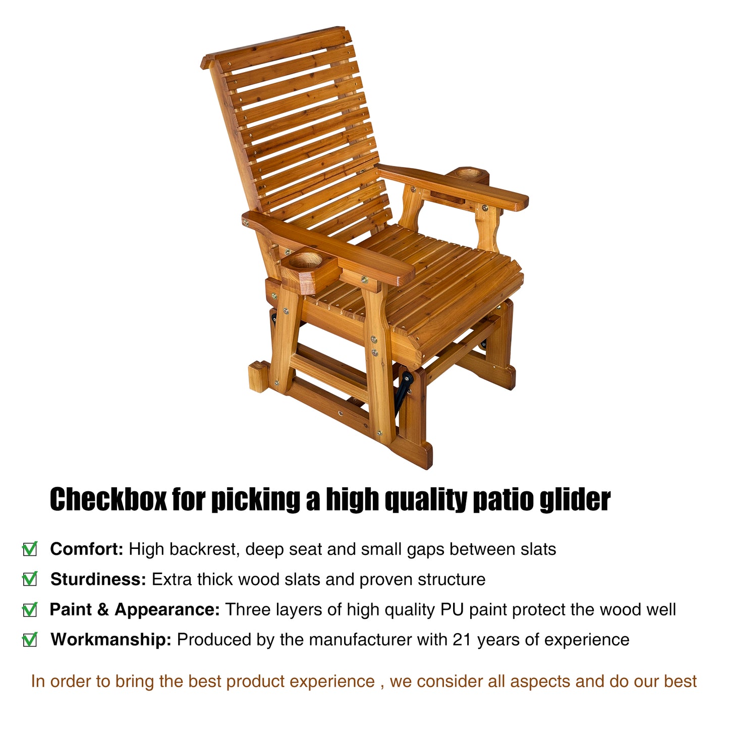 Fortune Candy 1 Person Wooden Patio Glider, Bridge Back (Brown)