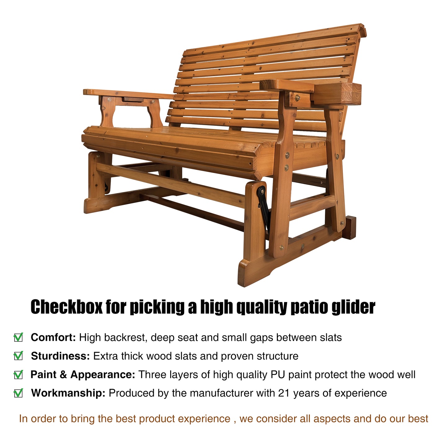 Fortune Candy 2 Person Wooden Patio Glider with High Roll Back and cup holder