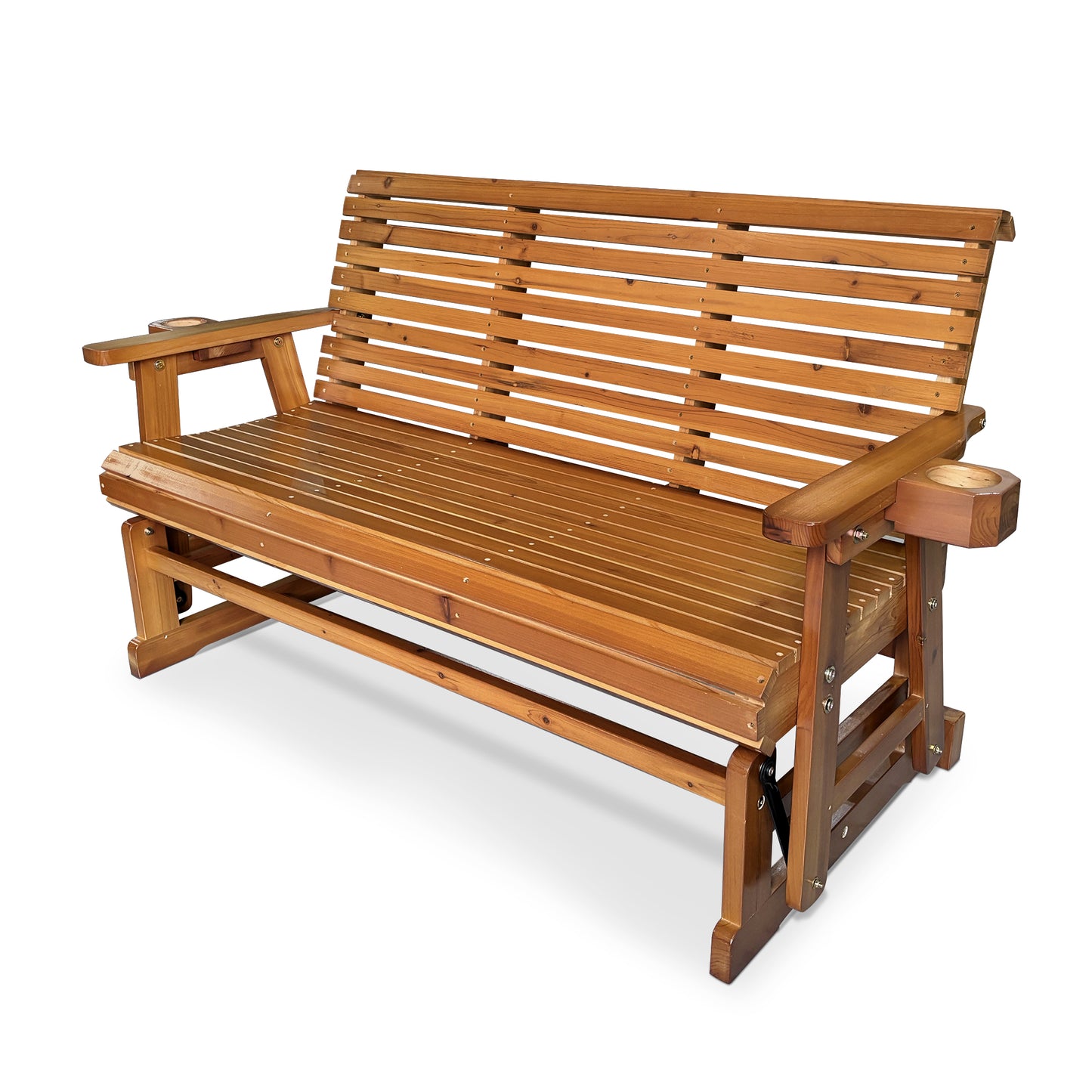 Fortune Candy 3 Person Wooden Patio Glider with Cup Holders, Cedar Tone