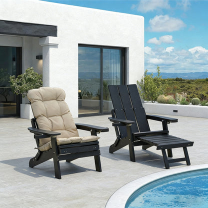 Poly Lumber Adirondack Chair with Cup Holders, Ottoman and Cushion, Adjustable Backrest, All-Weather Resistant HIPS Material, Wood-Like Pattern, Heavy Duty 700 LBS (Iron Black)