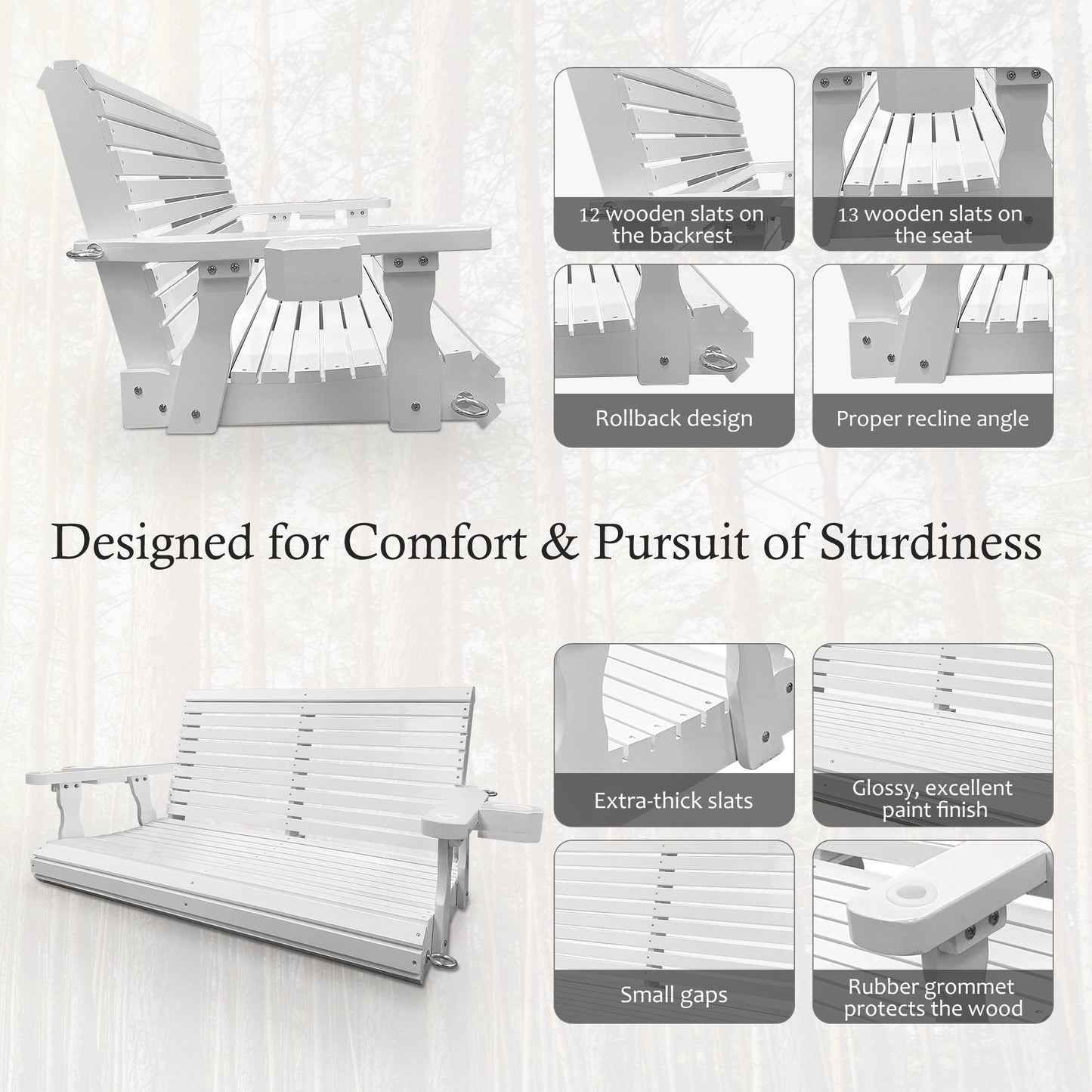 Fortune Candy 4 ft. Wooden Porch Swing 2-Seater for Outdoor Patio Garden Yard (White)