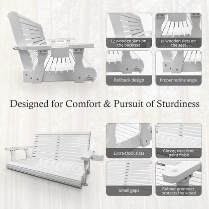 Fortune Candy 4 ft. Wooden Porch Swing 2-Seater for Outdoor Patio Garden Yard (White)