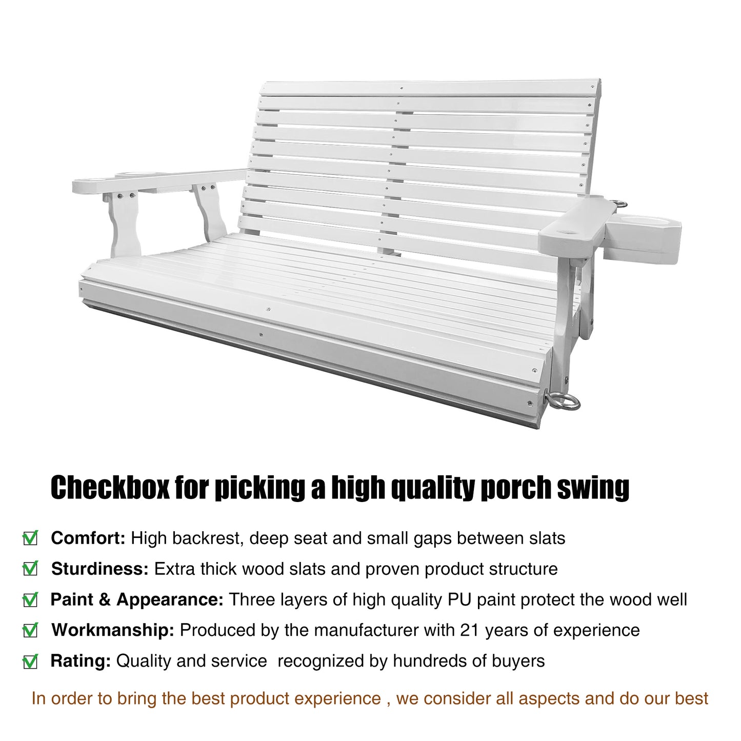 Fortune Candy 4 ft. Wooden Porch Swing 2-Seater for Outdoor Patio Garden Yard (White)