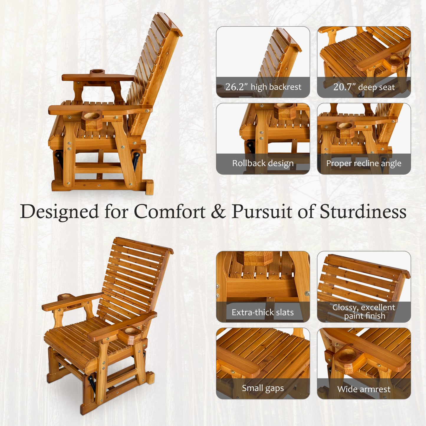 Fortune Candy 1 Person Wooden Patio Glider, Bridge Back (Brown)