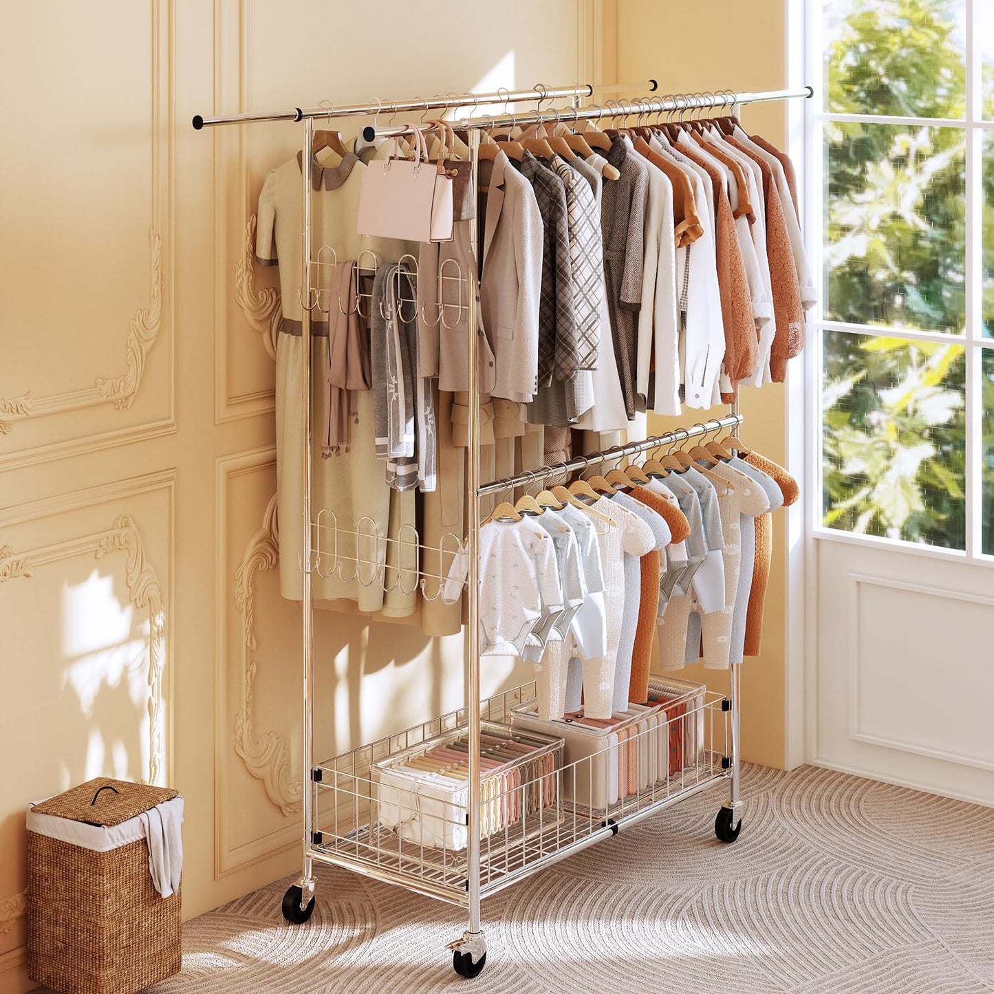 Fortune Candy 69.7" Tall Steel Rack with Extendable Hanging Bars, Side Hooks, and Lockable Wheels for Home, Office, and Display Use