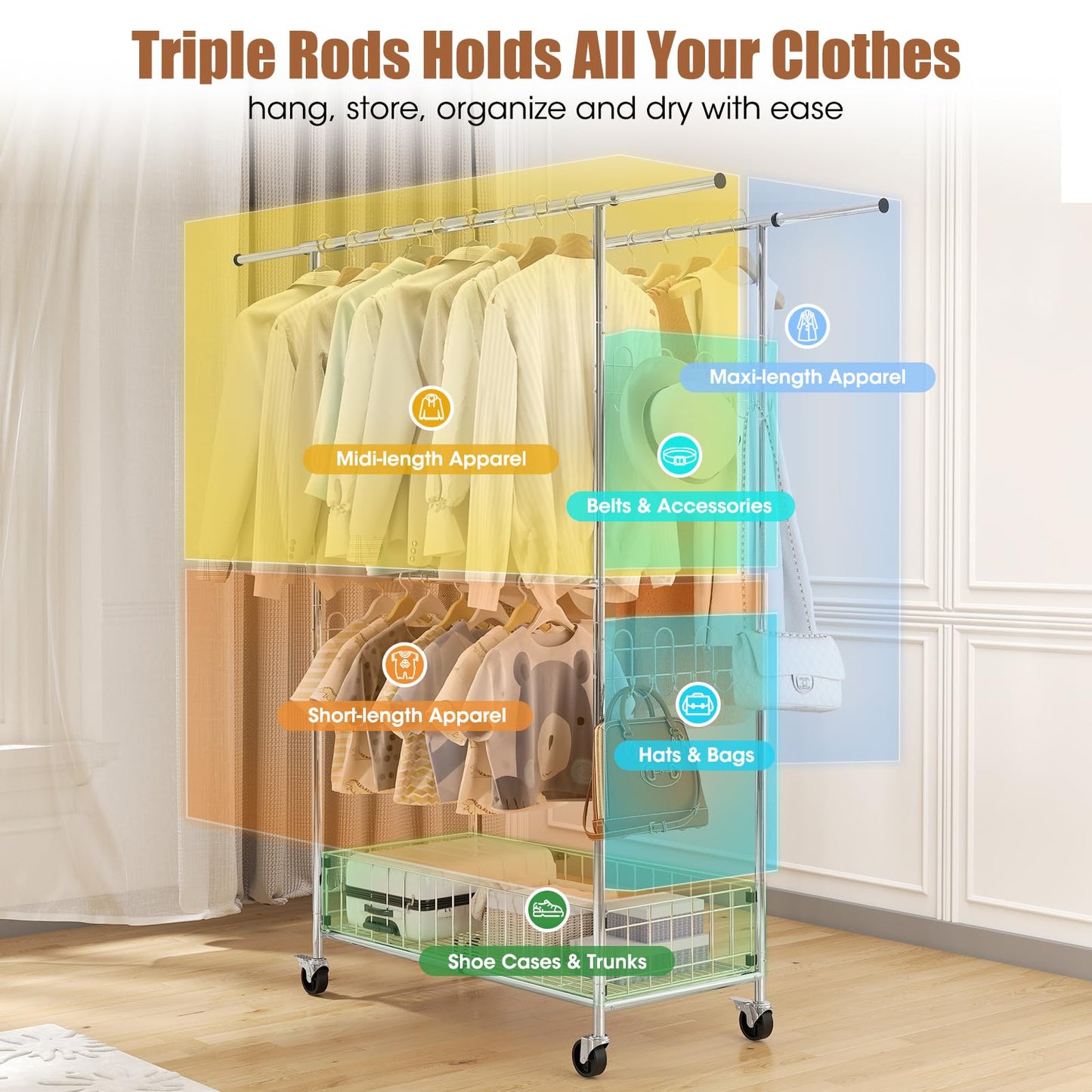 Fortune Candy 69.7" Tall Steel Rack with Extendable Hanging Bars, Side Hooks, and Lockable Wheels for Home, Office, and Display Use