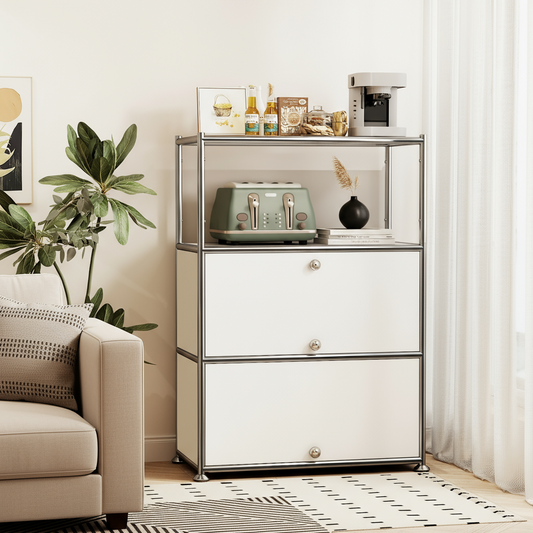 Fortune Candy 3 Tier Modular Metal Storage Cabinet, Modern Grid-Style Organizer for Dining Room, Living Room or Office, White