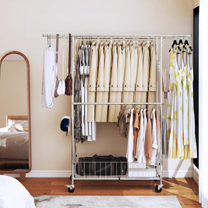Fortune Candy 69.7" Tall Steel Rack with Extendable Hanging Bars, Side Hooks, and Lockable Wheels for Home, Office, and Display Use