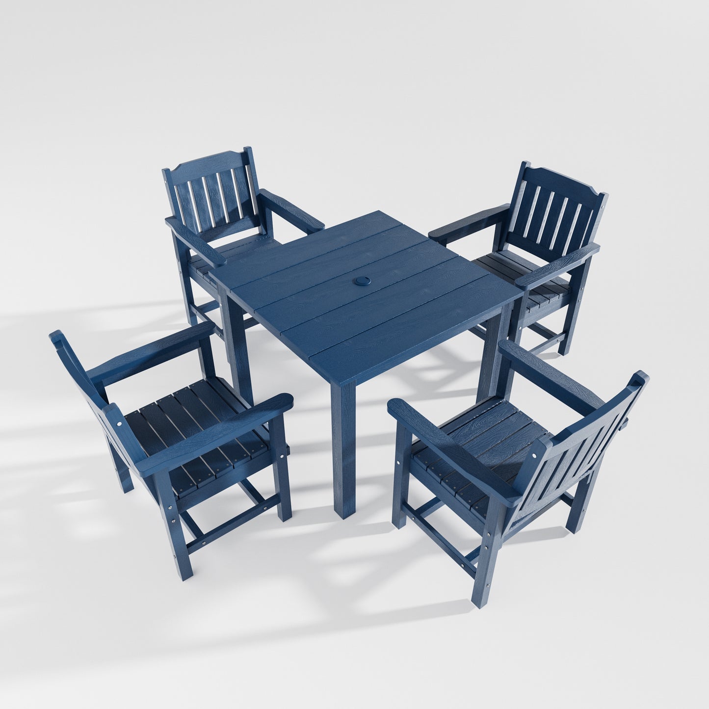 Fortune Candy 5 PCS Poly Lumber Outdoor Patio Dining Set, 36.2 in. Table with Umbrella Hole and Slat-Back Chairs, Navy Blue