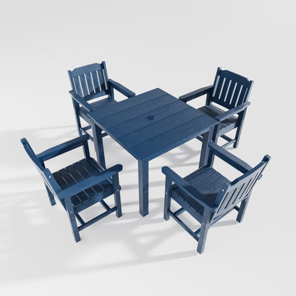 Fortune Candy 5 PCS Poly Lumber Outdoor Patio Dining Set, 36.2 in. Table with Umbrella Hole and Slat-Back Chairs, Navy Blue
