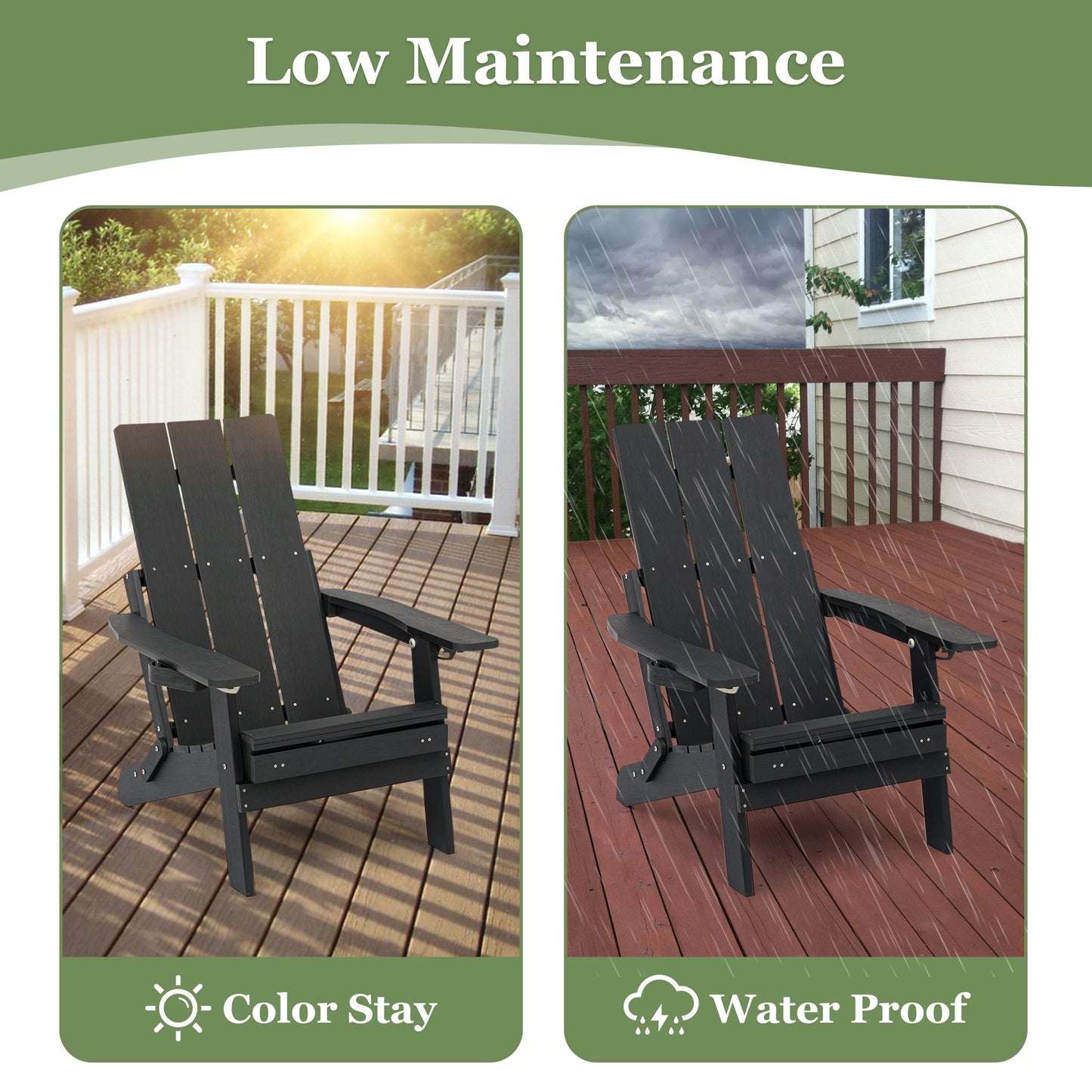 Fortune Candy 1 Person HIPS Foldable Adirondack Chair with Cushion, Black