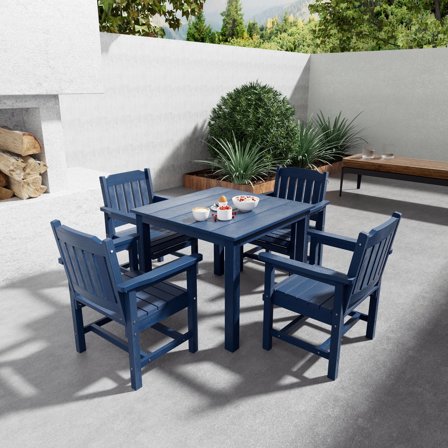 Fortune Candy 5 PCS Poly Lumber Outdoor Patio Dining Set, 36.2 in. Table with Umbrella Hole and Slat-Back Chairs, Navy Blue