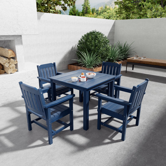 Fortune Candy 5 PCS Poly Lumber Outdoor Patio Dining Set, 36.2 in. Table with Umbrella Hole and Slat-Back Chairs, Navy Blue